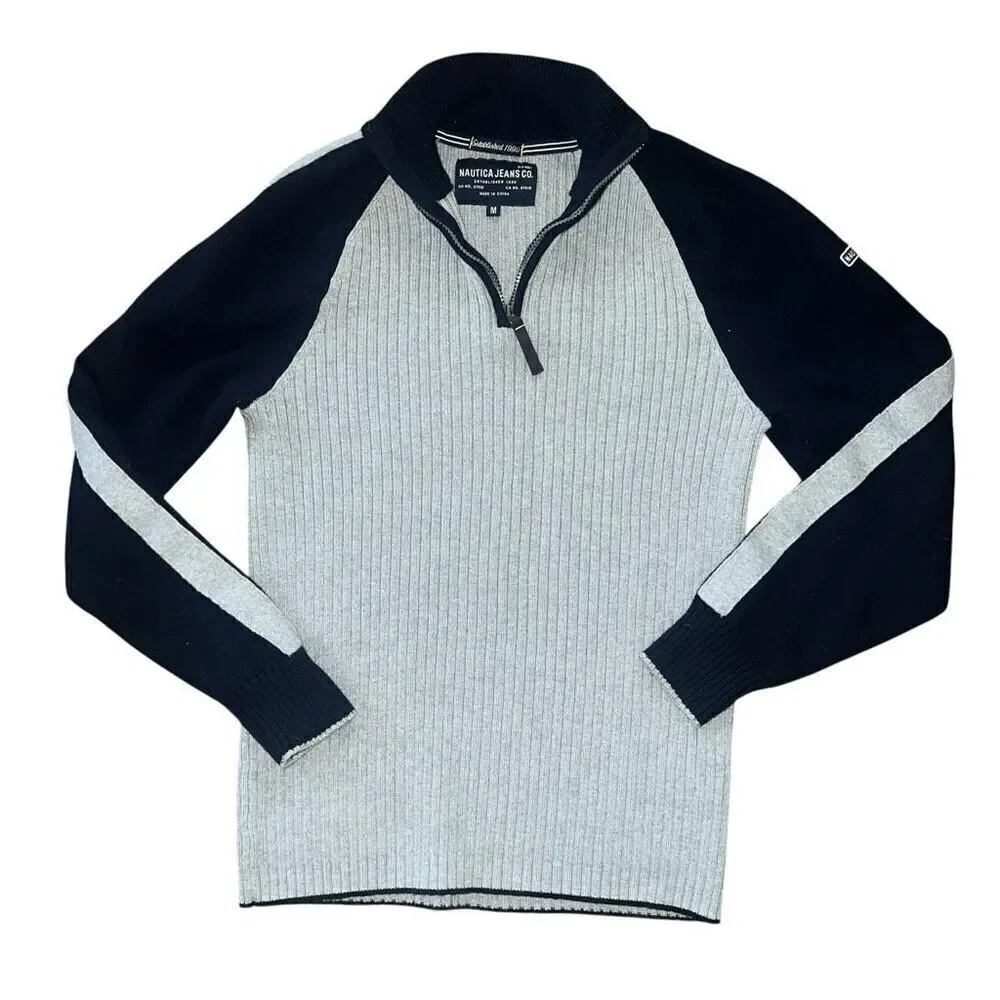 NAUTICA JEANS CO Men’s Navy Blue & Grey Knitted 1/4 Zip Sweater Size M